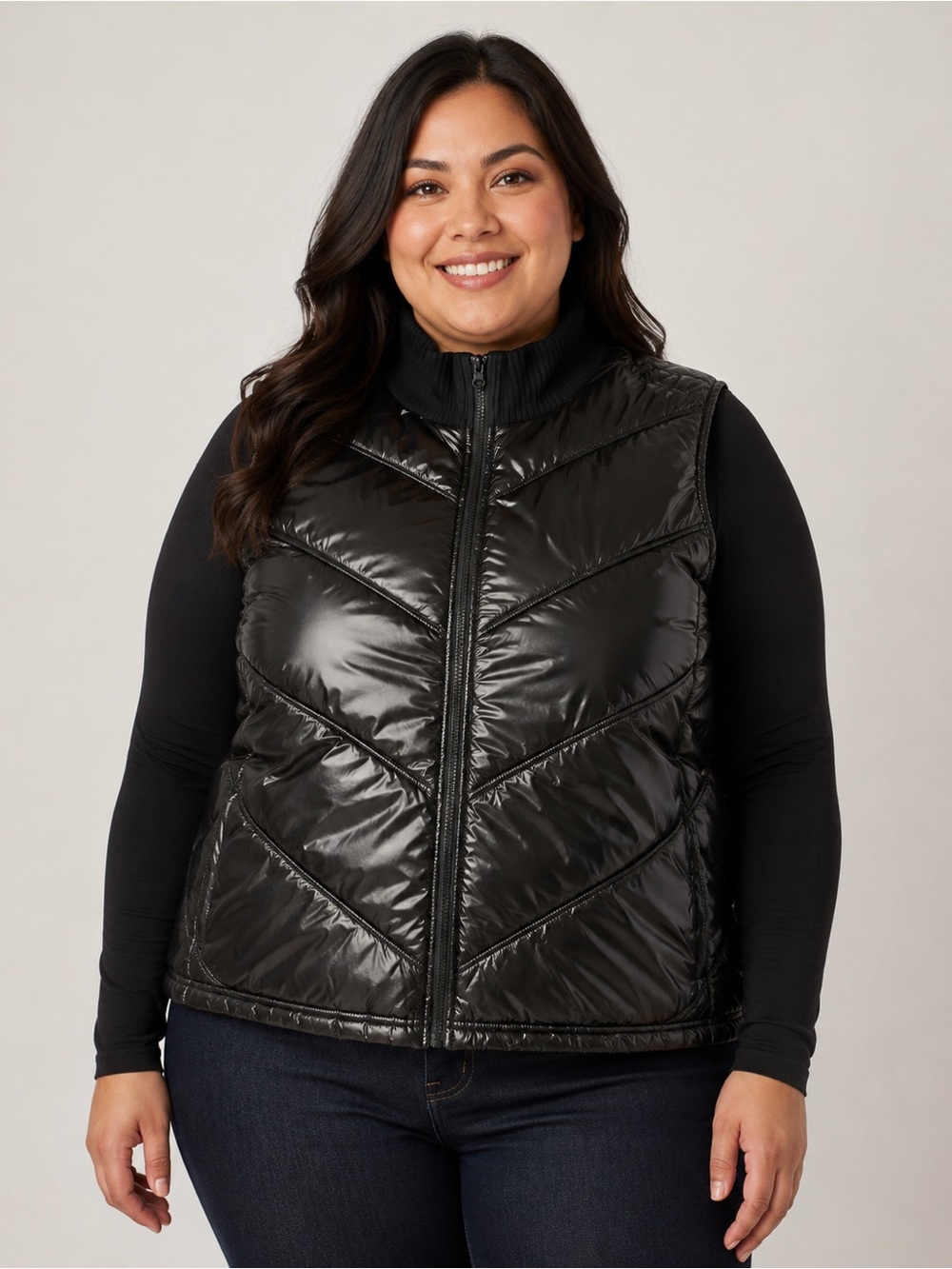 Old Navy Black Shiny Quilted Puffer Vest XXL Ribbed Collar Full Zip
